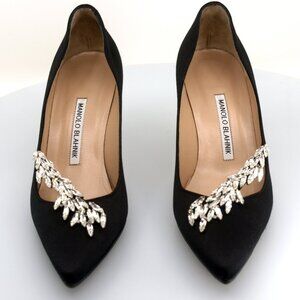Manolo Blahnik Nadira 90 Black Satin Jewel Buckle Pumps